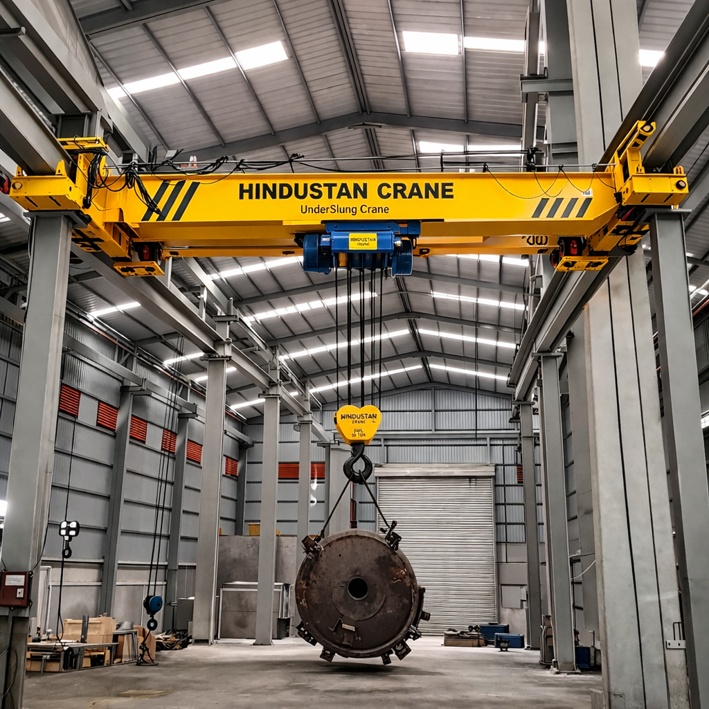 Underslung crane for efficient overhead material handling in limited space industries