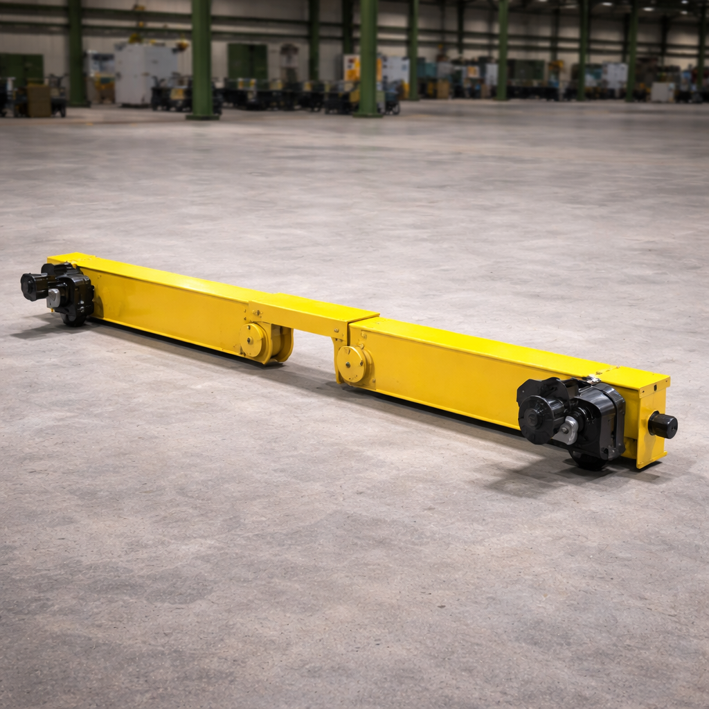 Double girder end carriage for EOT crane with heavy duty wheels and robust industrial structure