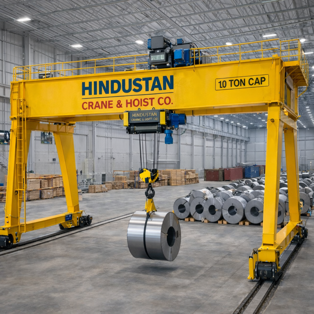 Double girder gantry goliath crane for heavy duty outdoor industrial material handling applications