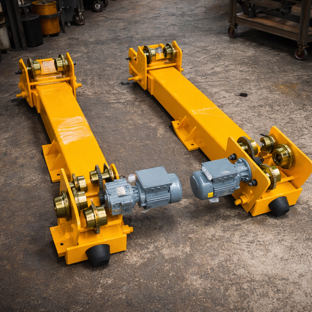Heavy duty under slung end carriage with gear motor drive for industrial overhead crane and material handling applications